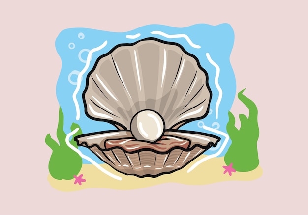 Hand drawn beautiful natural open seashell scallop and pearl shell.