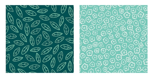 Hand drawn botanical pattern set of seamless patterns Green background with leaves and flowers