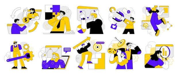 Hand drawn business marketing illustration collection with business people and business concept