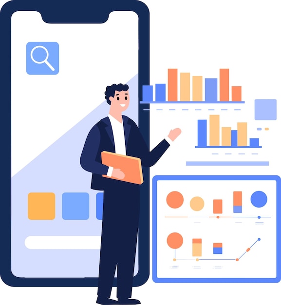 Hand Drawn Businessman with presentation charts in flat style isolated on background