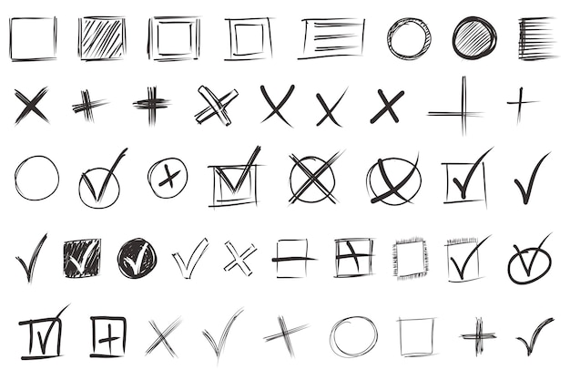Hand drawn check marks mega set elements in flat graphic design Bundle objects of black scribble pencil checkboxes chalk tick and cross symbols in squares or circles forms Vector illustration