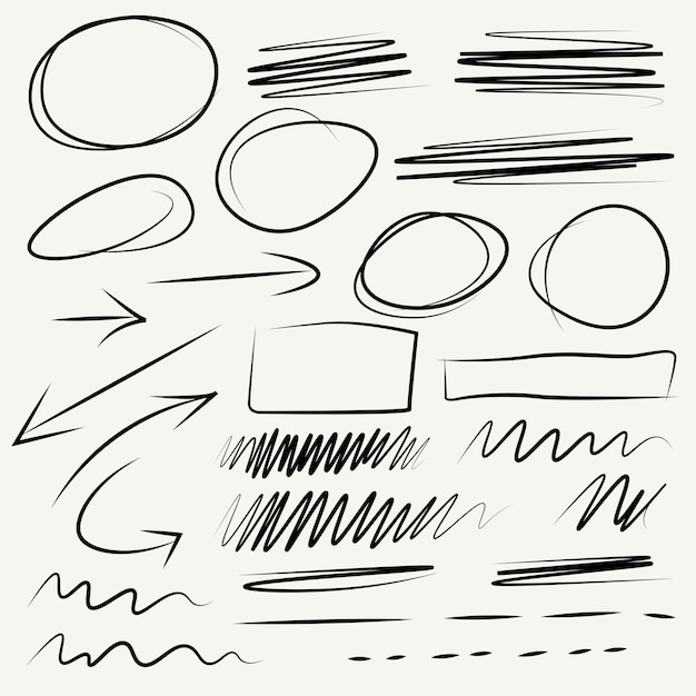 Hand drawn collection of different scribble lines and brush strokes Ovals and strikethroughs Vecto