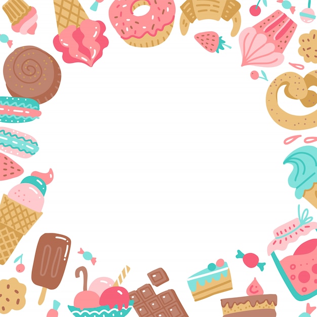 Hand drawn colorful round frame of sweet candies. 