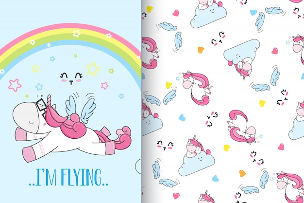 hand drawn cute unicorn  with pattern set-vector