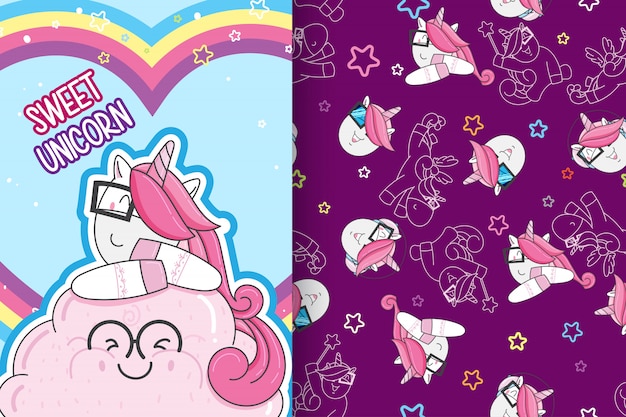 hand drawn cute unicorn with pattern vector set-vector
