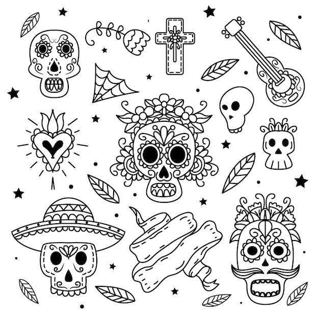Hand drawn dia de muertos labels collection