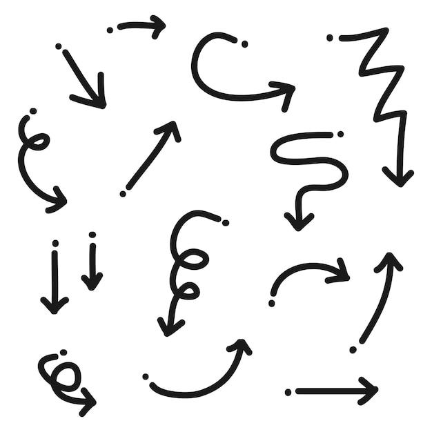 hand drawn doodle arrows on set arrow icon with various directions isolated on a white background