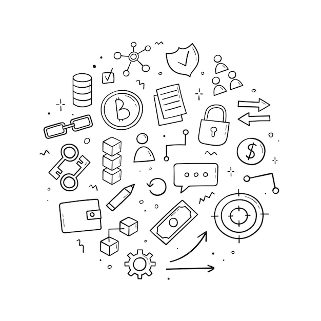Hand drawn doodle set of blockchain theme items Round composition Sketch style Cryptocurrency electronic commerce concept Vector illustration