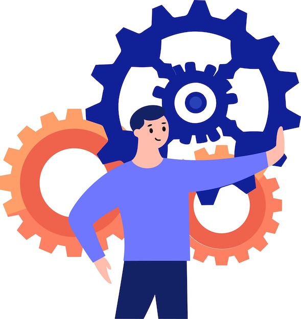 Hand Drawn Engineer or architect with cogs in construction concept in flat style isolated on background