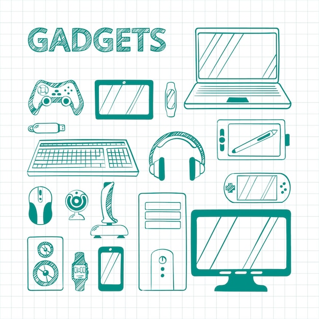 Hand drawn green pen electronic gadgets set. Sketches of computer technologies devices