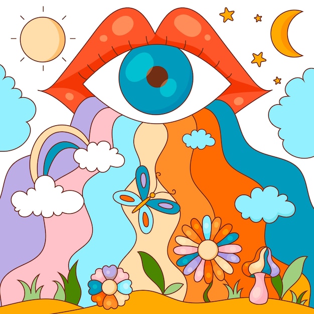 Hand drawn groovy 70's illustration