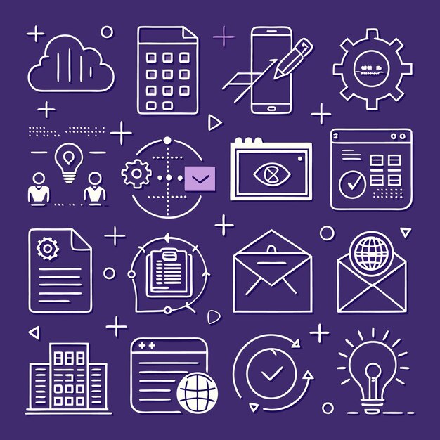 Hand drawn line art icons of business technology and success