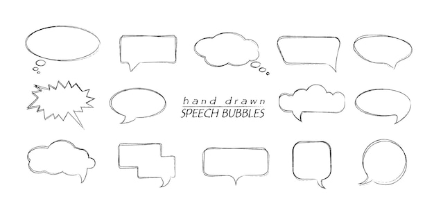 Hand drawn line speech talk bubbles on isolated background Black and white illustration
