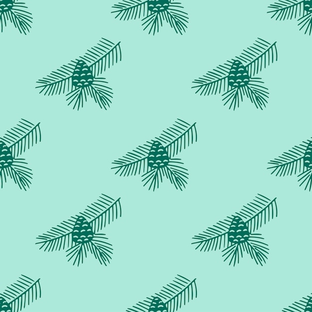Hand drawn seamless pattern  doodle of fir tree branch with cones isolated on green background