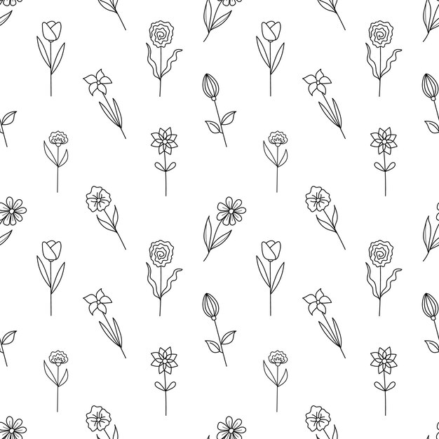 Hand drawn seamless pattern flowers in doodle style