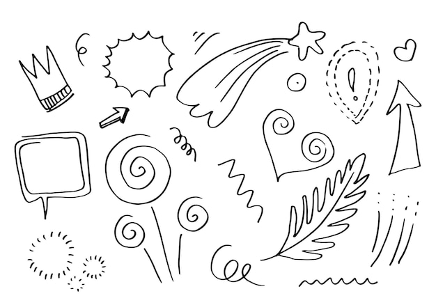 hand drawn set element,black on white background.leaves,speech bubble,heart,light,arrows,emphasis,