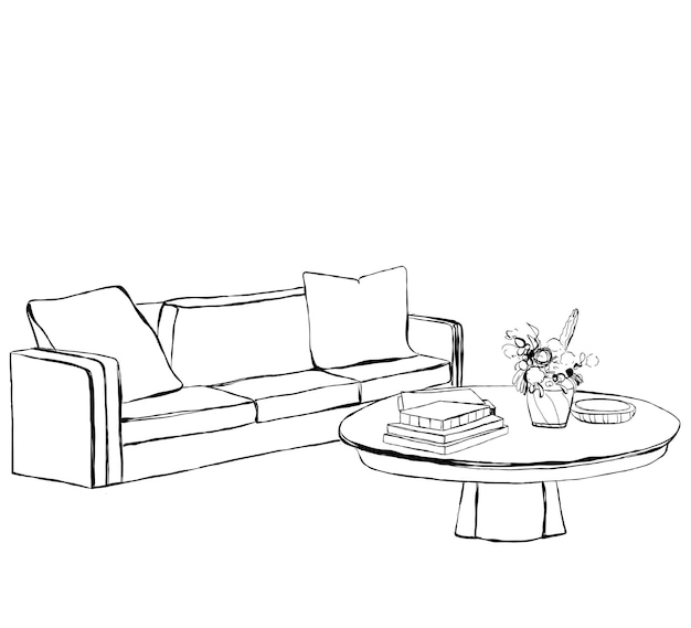 hand drawn sketch of room interior sofa table and chair