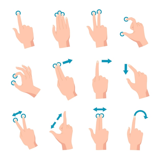 Hand gestures for smartphone tablet ot laptop interactive touchscreen Finger swipe touch zoom drag and rotate phone screen vector set