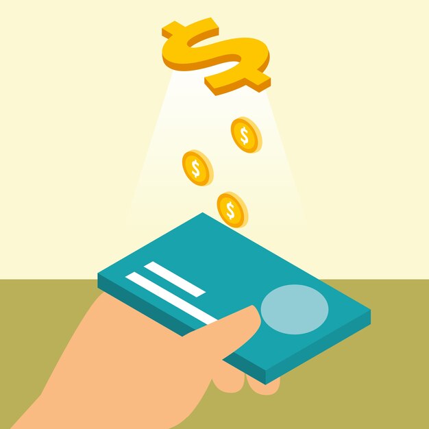 hand holding bank card credit coins dollar money isometric