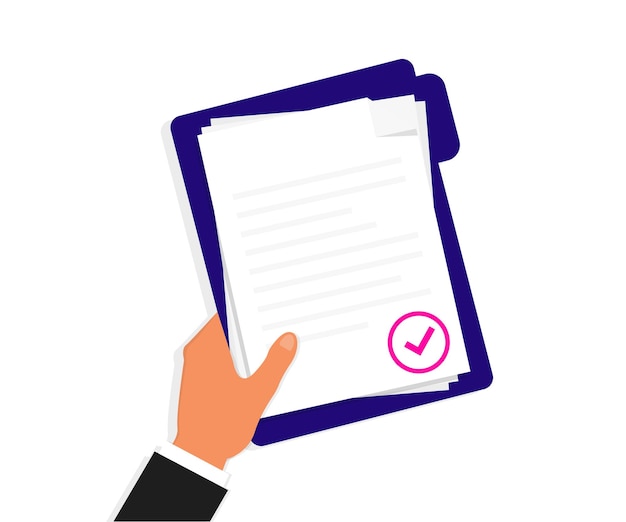 hand holding folder documents folder with check mark and text stack of agreements document with approval check mark document in hand vector illustration flat design style