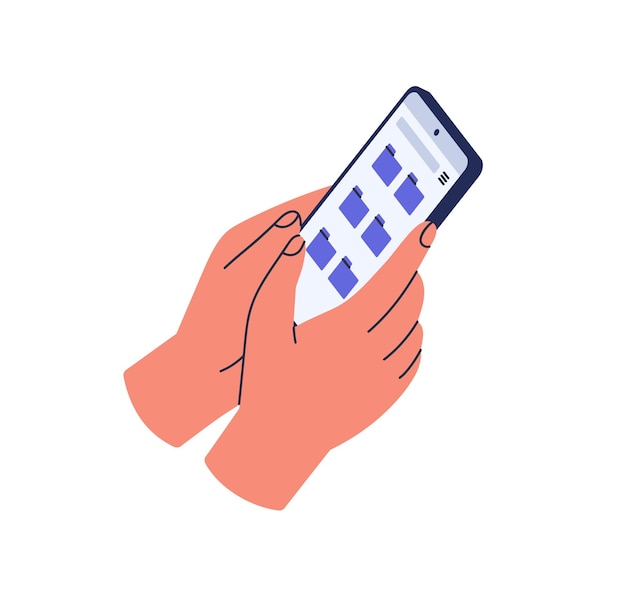 hand holding mobile phone with folders on screen. using business app for information, data storage in smartphone. organizing and searching files. flat vector illustration isolated on white background