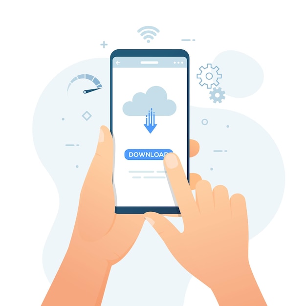 Hand holding smartphone with cloud and download button vector illustration