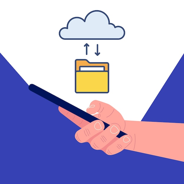 Hand holding smartphone with swapping files on cloud Cloud storage Vector illustration