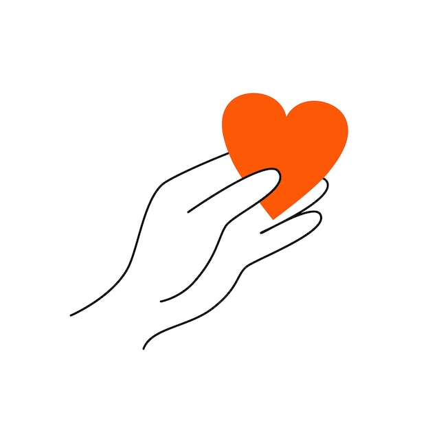Hand holds heart Linear vector illustration Outline drawing of hand giving heart Romantic present for Valentines day and symbol of love