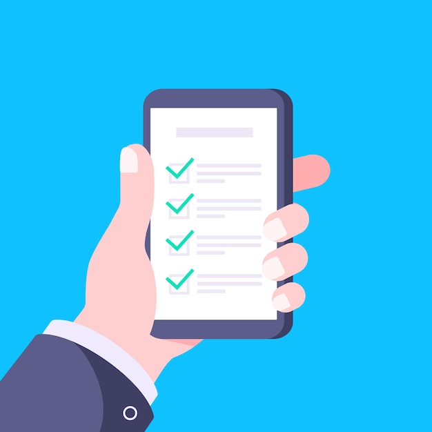 Hand holds smartphone with complete checklist with check marks tick icon vector illustration