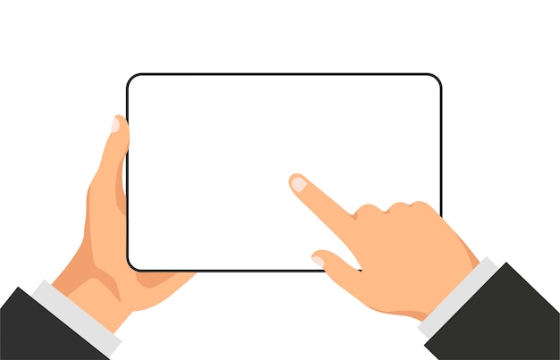 Hand holds tablet with white empty screen.blank display. Man click on the display. Smart technology.
