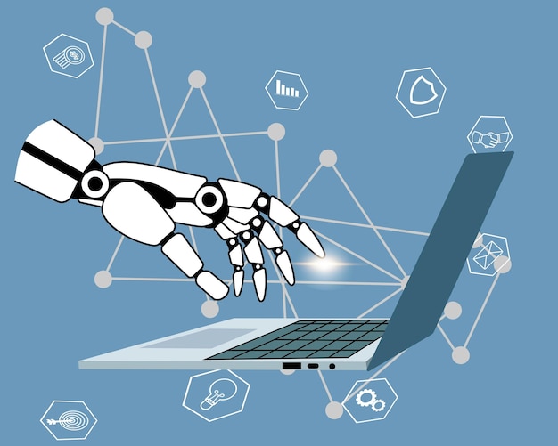 Hand of robot touching on big data network revolution of AI Science and artificial intelligence
