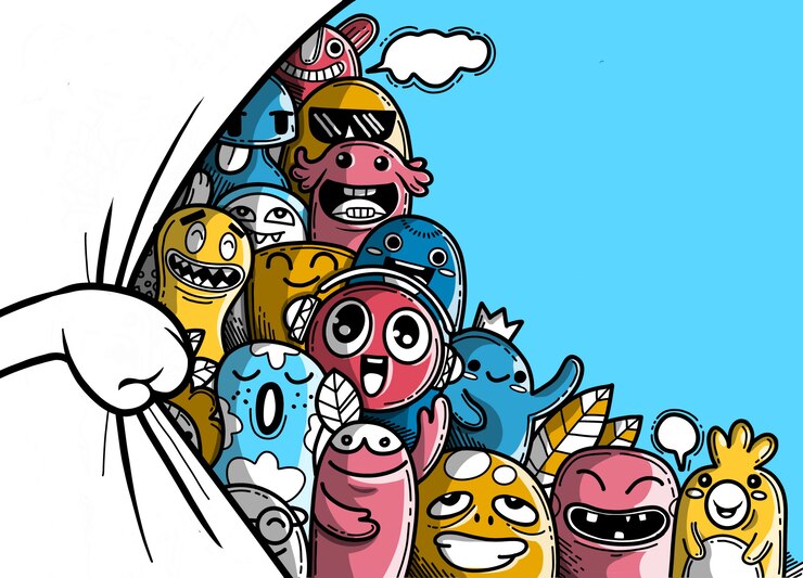 Vektori hand opening  curtain, with funny monster group behind ,illustration of monsters and cute alien friendly  cool  cute hand-drawn monsters collection