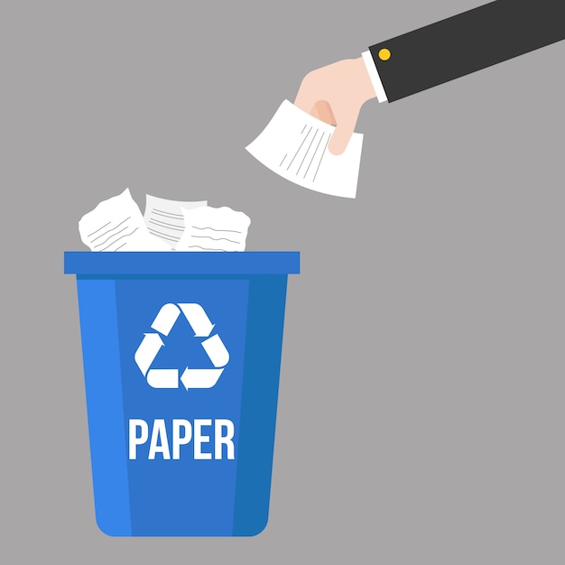 Hand thrown paper waste and  colorful recycle bin 