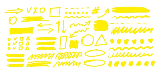 Handdrawn shapes and lines highlighters Yellow Vector set