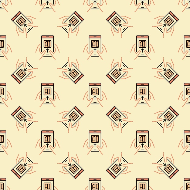 Hands Holding AI Smartphone vector Artificial Intelligence Tech colored Seamless Pattern