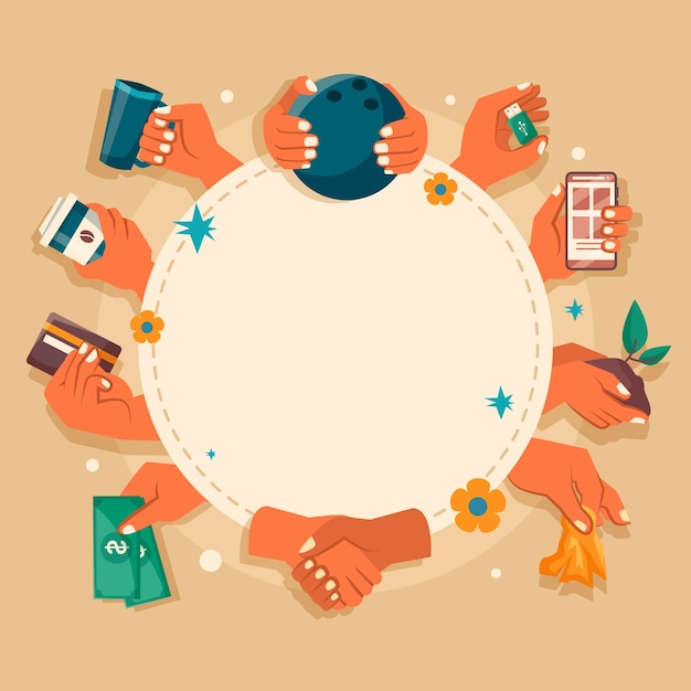 Hands holding objects frame in flat design