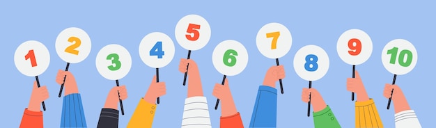 hands holding round signs with points score. jury assessing participants of competition or game, giving feedback, showing scorecards with grades flat vector illustration. evaluation, contest concept