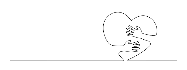 hands hugging a big heart continuous one line drawing care concept black linear horizontal vector decorative element editable stroke