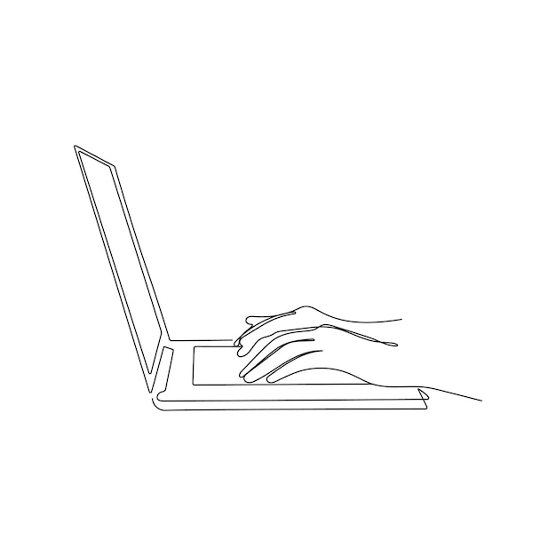 Hands typing on laptop. Continuous one line drawing. Work, study concept. Vector illustration.