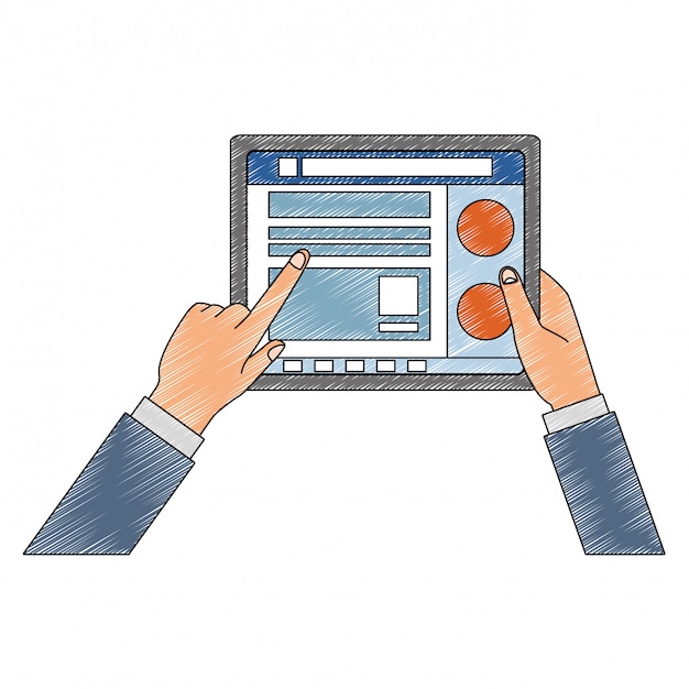 hands using tablet to check social networks scribble