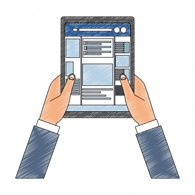 hands using tablet to check social networks scribble