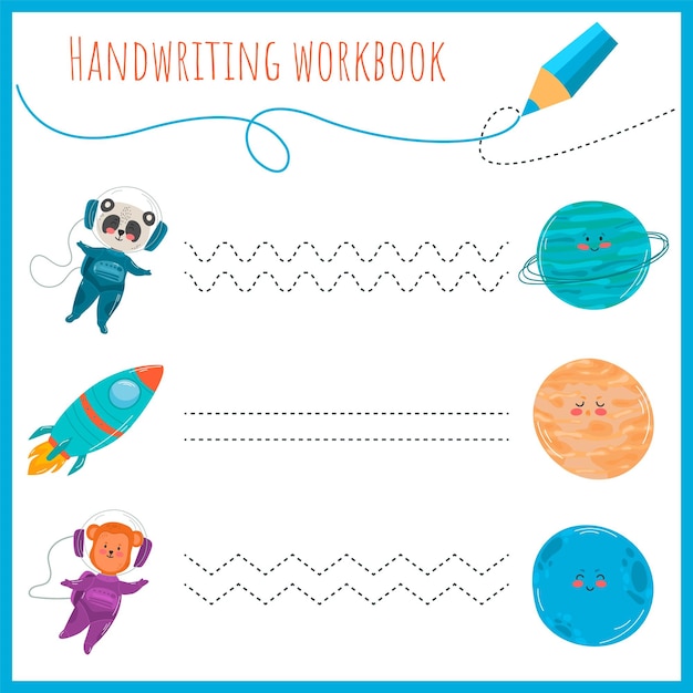 Handwriting workbook for children Worksheets for learning letters Activity book for kids Educational pages for preschool Cosmonauts planets rocket