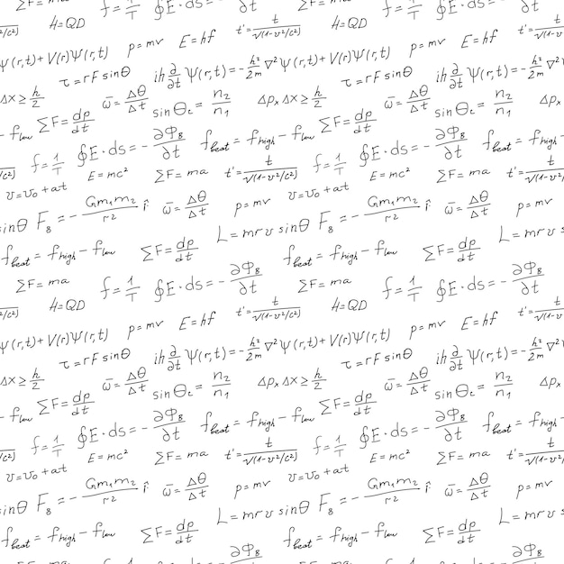 handwritten formulas background scientific seamless pattern physics equations and symbols hand drawn vector with cursive script square black and white illustration with text letters and numbers