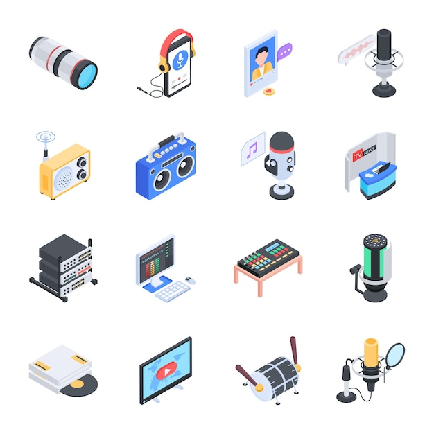 Handy Isometric Icons Depicting Podcast Equipment
