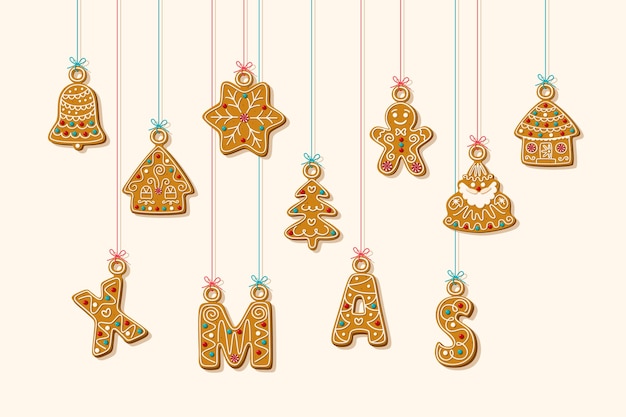 hanging letters and gingerbread cookies. xmas phrase with gingerbread house and gingerbread man on white background. .