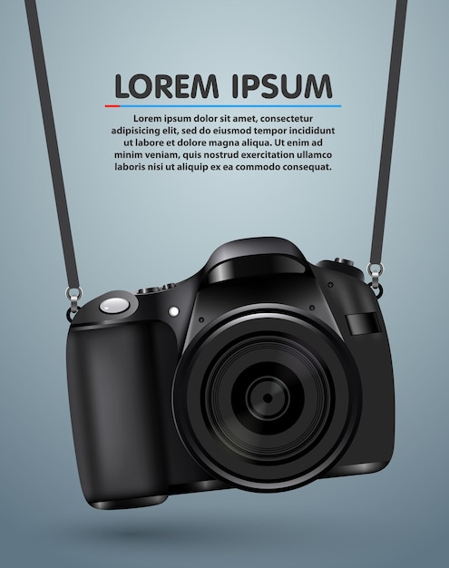 Hanging realistic photo camera. Professional photo studio background.