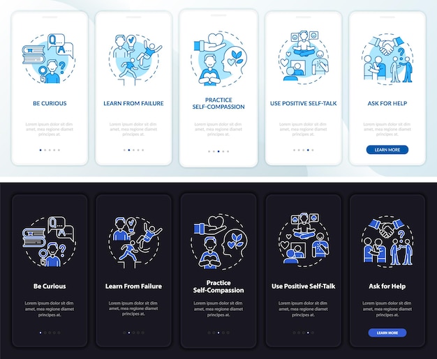 Happiness mind strategy light, dark onboarding mobile app page screen