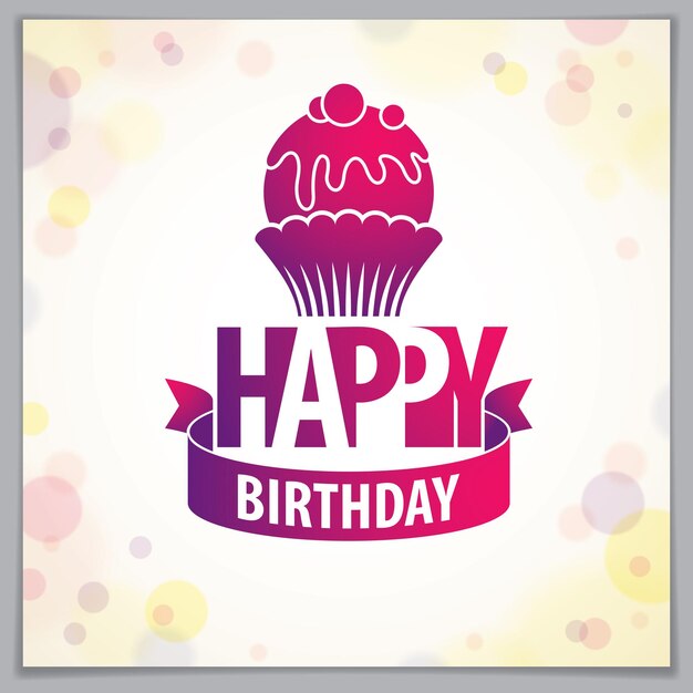 Happy Birthday beautiful greeting card vector design. Includes beautiful lettering and cupcake composition placed over blurred circles abstract background. Square shape format with CMYK colors accepta