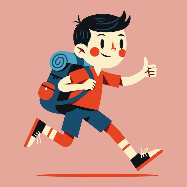 happy boy hiking with backpack giving a thumb up