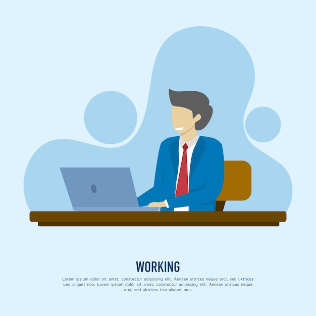 Happy businessman sitting in front of laptop. Office workers or company employees. Work on computers